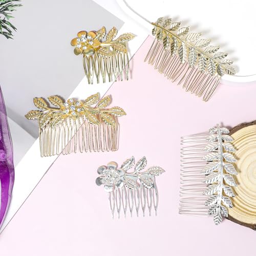 5Pcs Leaf Hair Combs with Rhinestones Gold Silver