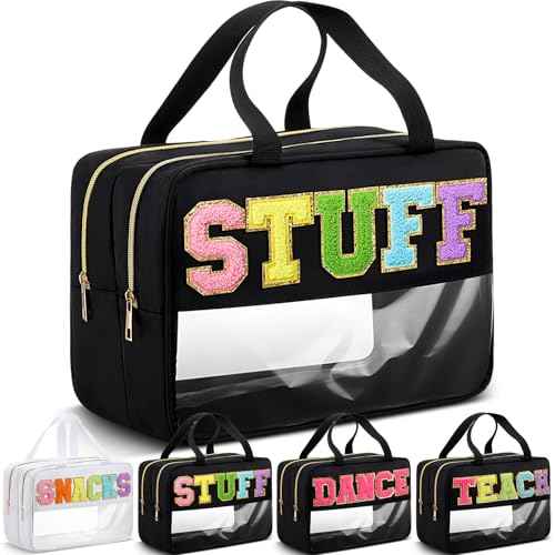 Pinkunn Large Stuff Bags with Handle Double Zippered Chenille Letter Stuff Bag Black Extra Large Clear Travel Pouch Waterproof Nylon Makeup Cosmetic Bag for Women Girls Travel Toiletry Supplies