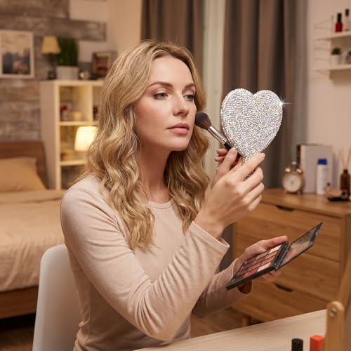 Heart-Shaped Handheld Mirror with Rhinestones 6.3x4.3 Inch