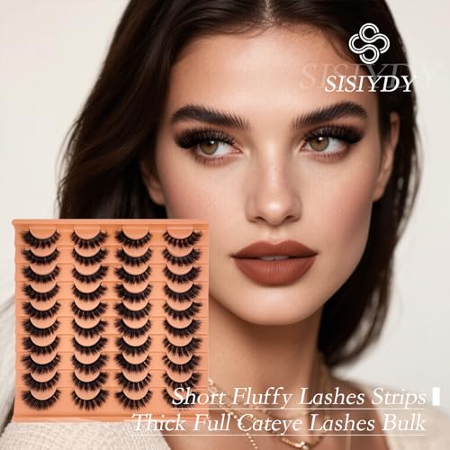 Fluffy Lashes Mink 3D Cat Eye Dramatic Thick Volume EyeLashes Wispy 16mm Full Lash Strips Faux Mink Eye Lashes C Curl Short Cat Eyelahses Pack YH302