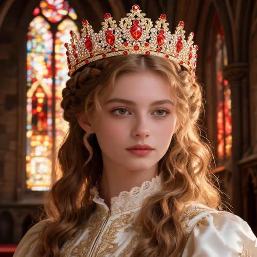 Queen Rhinestone Crown for Women - Gold & Red Bridal Tiara