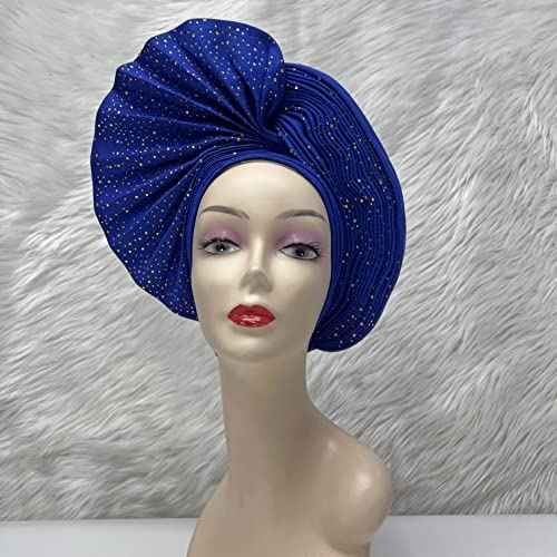 African Head Wrap Already Made Auto Gele Headties Women's Turban Hats&Caps Beading Wedding Nigerian Fashion Headbands (Royal Blue)
