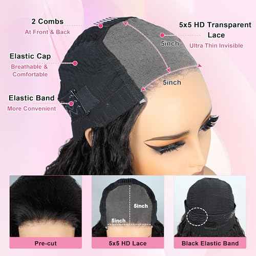 26 Inch Wear and Go Glueless Wigs Human Hair Pre Cut 200% Density Water Wave 5x5 HD Lace Closure Wigs Human Hair with Baby Hair Pre Plucked Natural Hairline Wet and Wavy Wig for Women