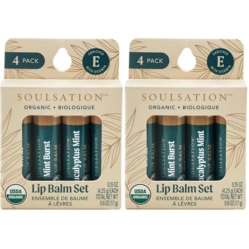 Organic Lip Balm Set, 4 Flavors - Moisturizing for Cracked & Dry Lips (Pack of 2)