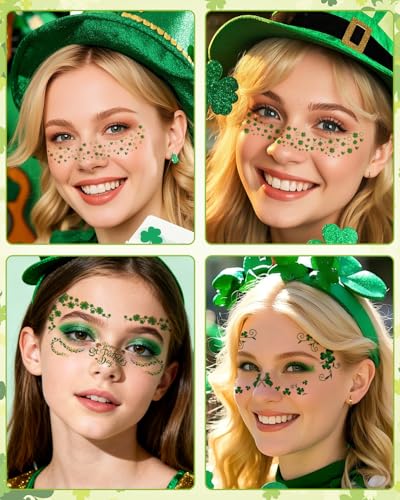 18pc St Patrick's Day Face Tattoos, Green Shamrock Glitter