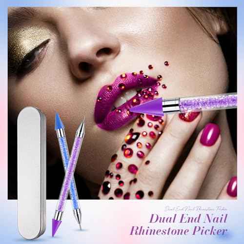 Tatuo 2 Pcs Nail Rhinestone Picker Tool Dual Ended Wax Pen Gem Picker Tool Dotting Pen for Nail Art DIY Rhinestones Dotting Gems Stones Crystals and Charms(Purple, Blue)