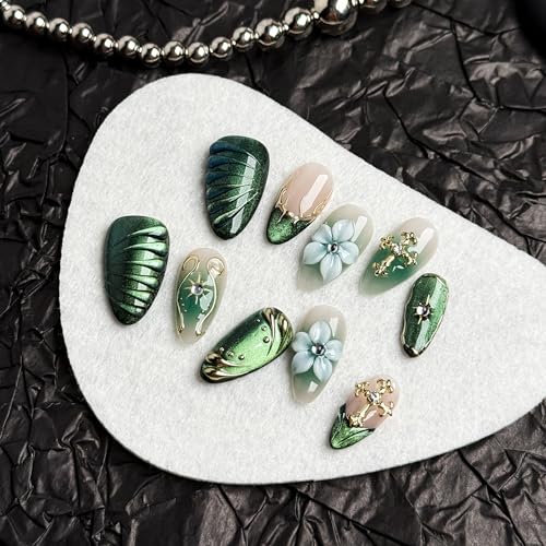 Green Leaf Fake Nails Press on Set, 10PCS with Floral Accents & Crystal Decorations, Includes Glue Tools Storage Box, Artistic Manicure Set for Special Events (green, S)