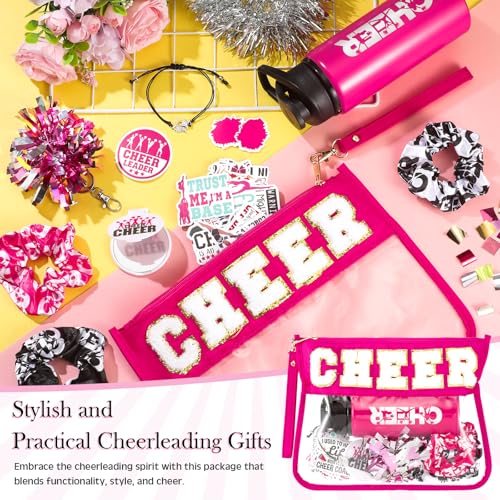 9 Pcs Cheerleader Gifts for Girls Cheer Makeup Bag 20oz Water Bottle Cheerleading Scrunchie Mirror Keychain Charm Bracelet Stickers for Senior Night Cheerleader Gifts Cheer Accessories Stuff
