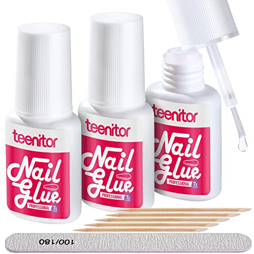 Teenitor Nail Glue for Press Ons, 3 Pack Best Nail Glue for Gel Tips with Nail Files, Super Strong Nail Glue for Broken Nail Brush on Nail Glue for Press on Nails