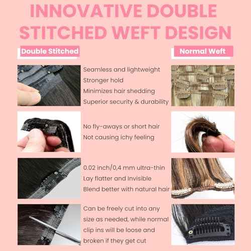 Clip in Extensions Real Human Hair 7pcs, Natural and Seamless 90g (Dark Brown to Black, 14 inch)