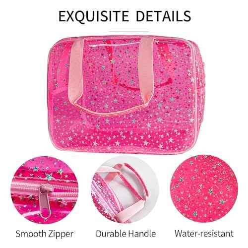 TotePrint Hot Pink Star Large Cosmetic Bag 12x5x8 inch Travel Pouch with Handle,Durable PVC Material,Zipper Design-Ideal for Makeup,Travel Essentials