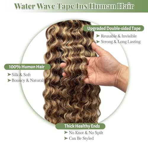 Tape in Hair Extensions Human Hair, Water Wave Tape ins Brown Fading to Honey Blonde Ombre Highlighted 3c 4a Seamless Hair Extensions Tape in Skin Weft Remy Hair 50G 20Pcs 24in