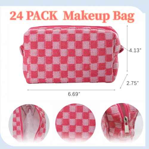 24 PACK Checkered Makeup Bags Bulk-Easter Gifts/Bulk Cosmetic Bags/Large Bridesmaid Gifts/Makeup Pouch for Wedding Party Favors Birthday/Teacher/Mothers Day Gifts/Toiletry Travel Bags(Pink)