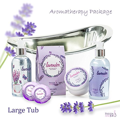 Aromatherapy Essentials Spa Set for Women in Large Silver Tub Bath Set Includes 2 Bath Bombs, Body Lotion, Bath Salts, Shower Gel, and Bubble Bath (Lavender) ? Mother's Day Gift for Mom