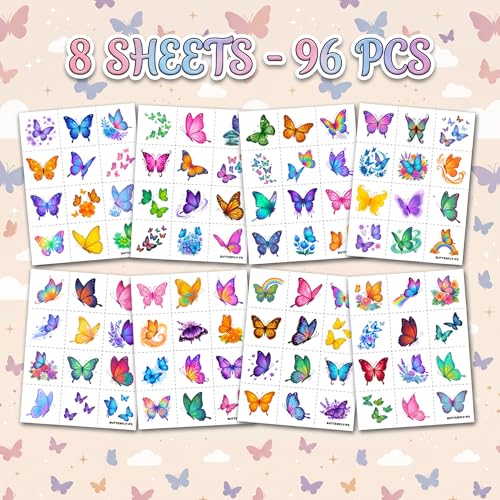 96 PCS Cute Butterfly Temporary Tattoos for Kids