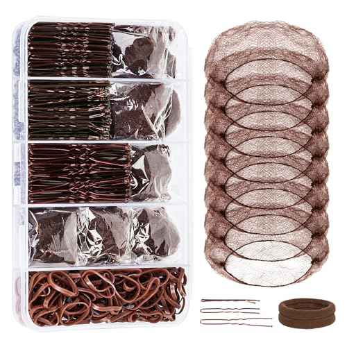 Dance Hair Accessories Kit, Dance Stuff with 100 U-shaped Pins, 50 Bobby Pins, 100 Elastic Rubber Bands, 8 Invisible Hair Nets,2 Hair Ties for Ballet Bun,Dance Competitions,Brown