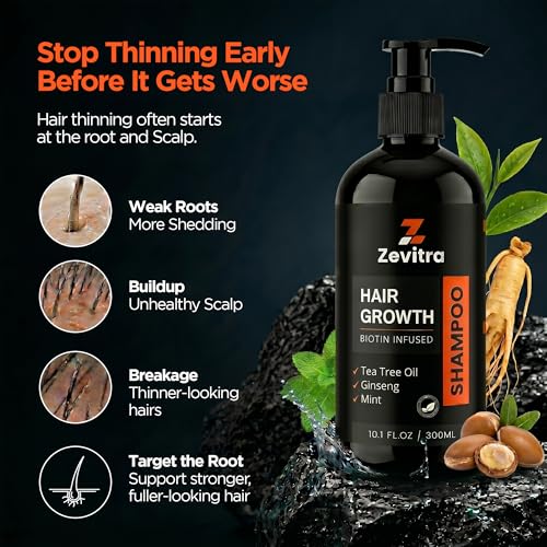 Biotin Hair Growth Shampoo with Tea Tree, Ginseng & Rosemary for Thinning Hair - 10.1 FL OZ / 300 ML
