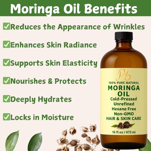 Moringa Oil ? 100% Pure, Cold-Pressed & Unrefined ? Moringa Seed Oil for Face, Skin, Hair & Body ? Hydrating, Anti-Aging Moisturizer ? 16 fl oz Amber Glass Bottle with Pump