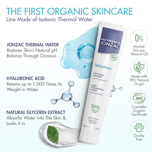 Eau Thermale Jonzac Rehydrate Organic Light Moisturzing Cream for Daily Use - Facial Cream Providing 24hr Hydration with Pure Hyaluronic Acid - Sensitive Skin Approved - 1.69 Fl Oz