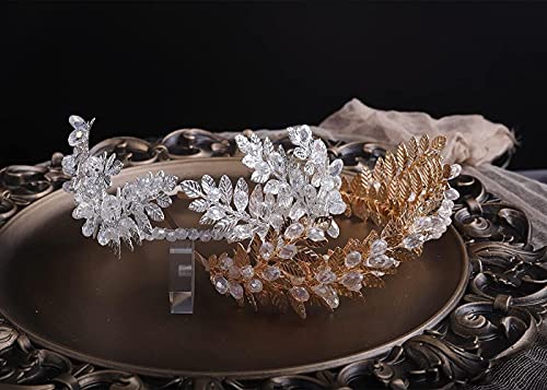 YERTTER Vintage Wedding Leaf Tiara Hair Crown Handmade Bride Hair Band Bridal Greek Goddess Pearl Head Pieces for Wedding Prom Birthday Party (Gold)