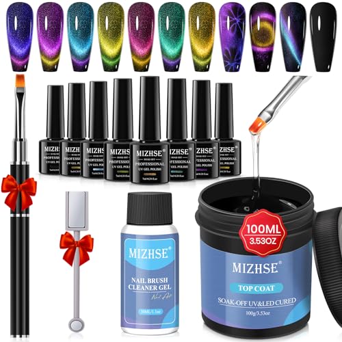 MIZHSE 100ML Gel Top Coat for Gel Nail Polish and 8 Colors 9D Cat Eye Gel Nail Polish¡¦