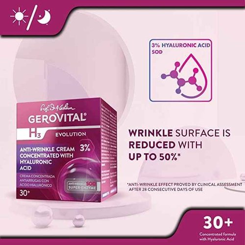 Gerovital EVOLUTION Anti-Wrinkle Face Cream Rich in Pure Hyaluronic Acid (3%) with Superoxide Dismutase SOD, GP4G, Moisturizing Face Cream, 50 ml