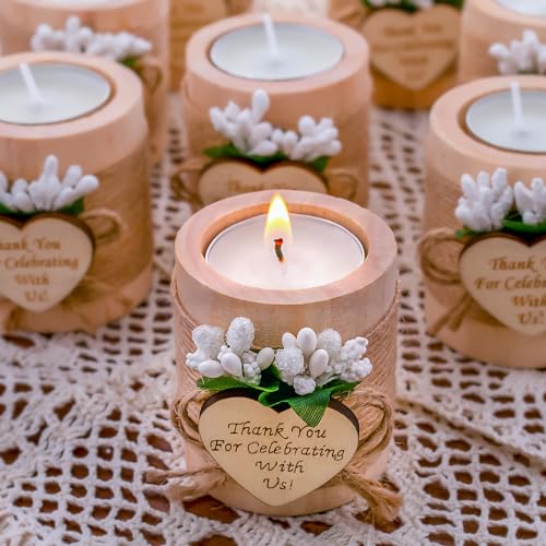 Ju's Favors 10 Piece Set of Wooden Tealight Candle Holders, Wedding Party Guest Favors, Thank You Favors, Guest Return Favors, Bridal Shower, Housewarming Gifts for Guests (Light Brown)