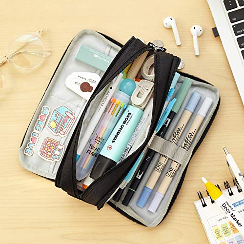 CICIMELON Large Capacity Pencil Case 3 Compartment Pouch Pen Bag for School Teen Girl Boy Men Women (Black)