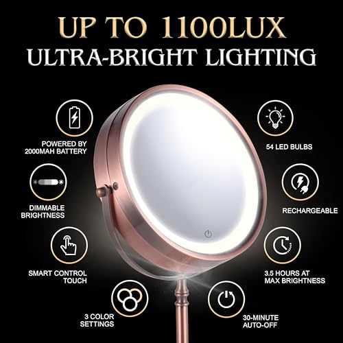 MIRRORVANA Lighted Make Up Mirror with 15X Magnification - 15X & 1X Double Sided LED Makeup Mirror with 3 Lighting Modes, Rechargeable Battery with USB Cable - 8" Wide & 15" Tall (Antique Bronze)