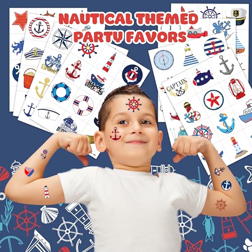 Nautical Temporary Tattoos - 96 PCS Pre-cut Stickers, 8 Sheets