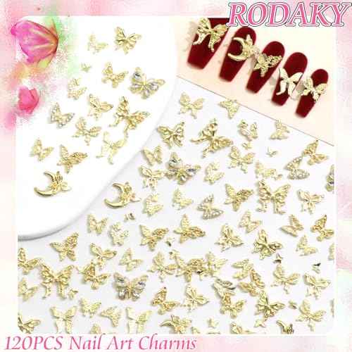 RODAKY 120pc Butterfly Nail Charms - Gold 3D Butterflies with Rhinestone Mixed Size Y2K Nail Decoration for Women's Manicure Design DIY Craft Embellishment