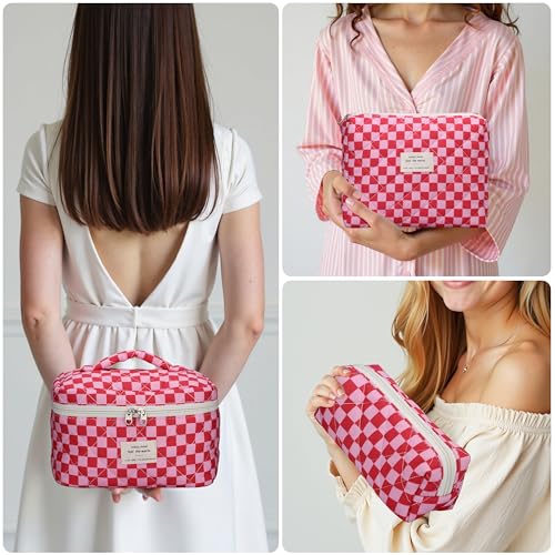 Quilted Makeup Bag Set - 3 PCS Cute Floral Cotton Makeup Bag, Large Coquette Aesthetic Make up Cosmetic Bag, Flower Travel Toiletry Organizer Bags for Women Girls