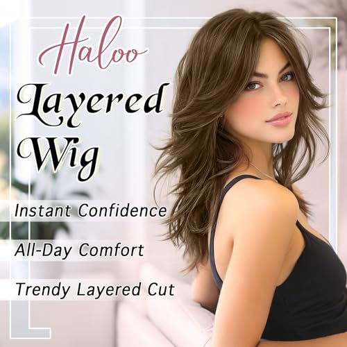 Haloo Brown Layered Wig with Curtain Bangs Lace Front 20 Inch