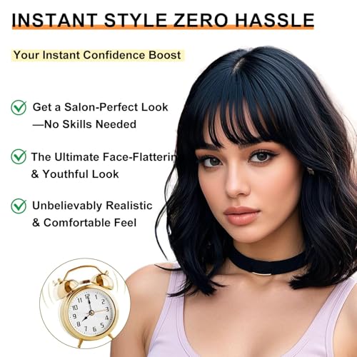 Short Black Wavy Bob Wig with Bangs for Women - Synthetic Daily Wear Hairpiece