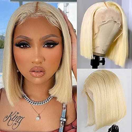 Royal Lady 613 Blonde Lace Front Bob Wig Human Hair 13x4 HD Transparent Straight Short Bob Wigs for Women 150% Density Brazilian Virgin #613 Platinum Blonde Bob Wig Pre Plucked with Baby Hair 10 Inch
