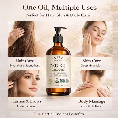 Bathrest Organic Castor Oil 16oz Cold Pressed Unrefined Vegan for Hair & Skin - Brown Bottle