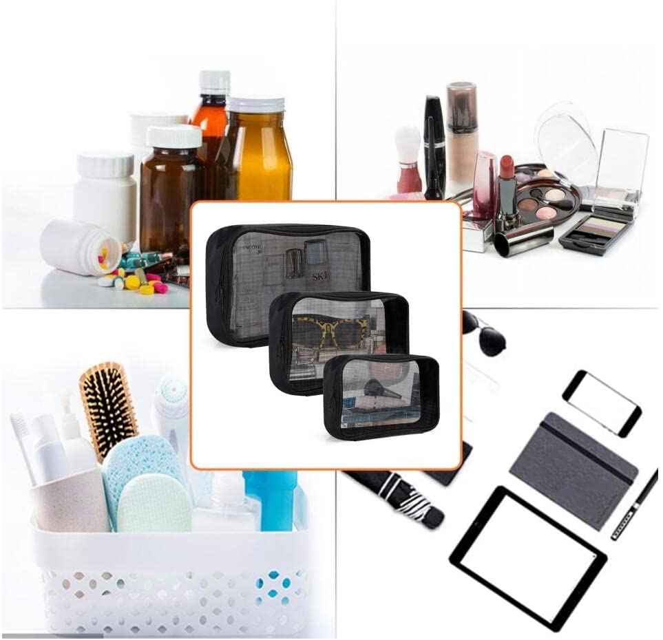 DARIN TSA Approved Clear Toiletry Bag Tansparent Travel Makeup Bag Zipper Cosmetic Pouch, Airline 3-1-1 Rule Carry-On Flight Liquid Bag For Women and Men- (2 Size 1L+1M,Clear Black) (Mesh Black)