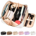 stona Travel Makeup Bag for Women, Large Capacity PU Leather Waterproof Checkered Cosmetic Bags, Portable Pouch Open Flat Toiletry Bag, Make up Organizer with Divider and Handle, White