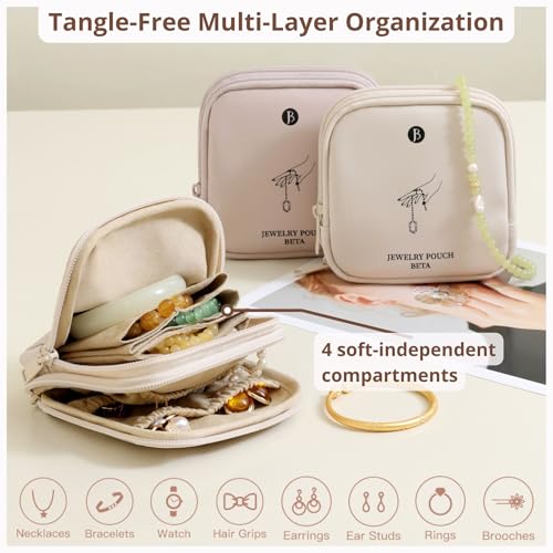 Tianzong Double Zipper Travel Jewelry Case for Women - Beige Waterproof PU Organizer with Gift Box