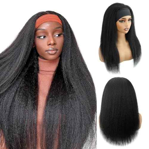 Kinky Straight Headband Wig 22 Inch Human Hair Headband Wigs for Black Women Glueless Yaki Straight Human Hair Headband Wigs Natural Black color