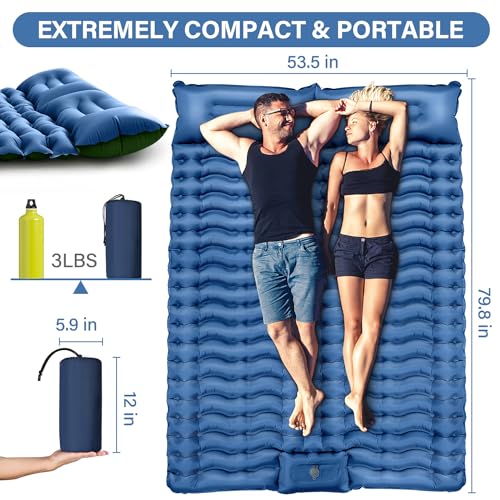 Double Sleeping Pad for Camping - Self Inflating 4" Extra-Thick for 2 Person with Pillow Built-in Foot Pump Inflatable Sleeping Mat for Backpacking, Hiking, Traveling, Tent