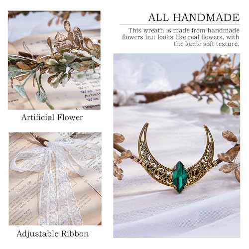 MOSTORY Gold Flower Moon Headpiece - Handmade Fairy Floral Crown Woodland Elf Headband Forest Circlet for Princess Renaissance Fair Halloween Party Wedding Cosplay
