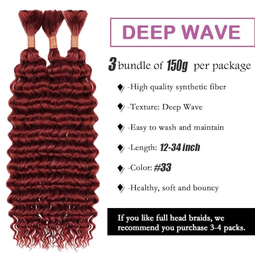 DiexrLamx B-Copper-33 34 Inch Deep Wave Human Braiding Hair Bulk Reddish Brown