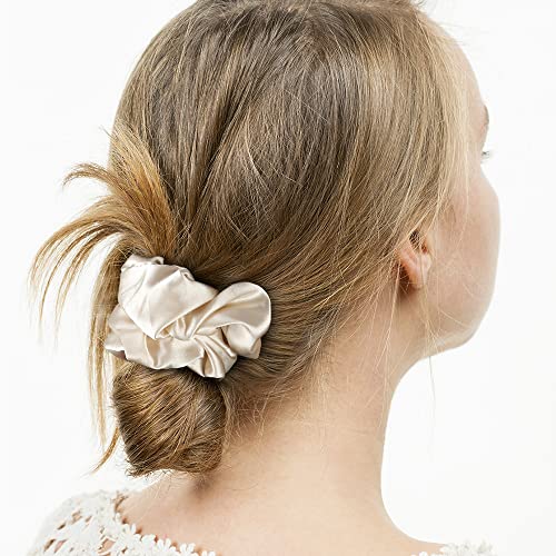 Forbidden Road 3 Pieces Large Mulberry Silk Scrunchies with Elastic Band for Hair, Women, and Girls (Beige, Ivory & Champagne)