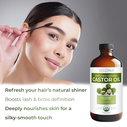 velona USDA Certified Organic Castor Oil ? 16 fl oz in Glass Bottle | Cold-Pressed, Hexane-Free, USP Grade | Promotes Hair Growth, Eyelash & Eyebrow Enhancement | Bottled in USA