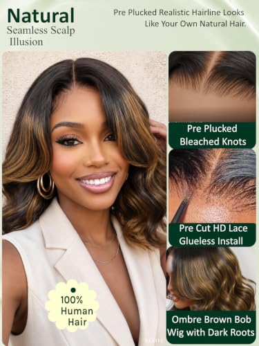 KLAIYI Ombre Balayage Brown Body Wave Bob Wig - Glueless 10-Inch
