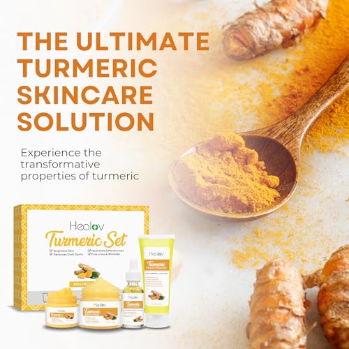 Turmeric Skincare Set ? Turmeric Face Cleanser, Body Scrub, Cream & Facial Serum ? Skin Brightening Hyperpigmentation Treatment, Dark Spot Corrector ? Skincare Kit for a Glowing Complexion