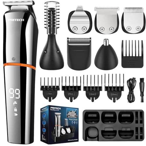 PRITECH 6-in-1 Cordless Grooming Kit with Silver Attachment Heads – Hair, Beard, Nose & Ear Trimmer