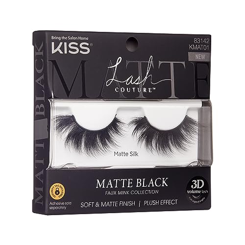 KISS Lash Couture Matte Black Faux Mink Collection False Eyelashes, 14 mm, 3D Volume, Soft & matte Finish, Plush Effect, Easy to Apply, Reusable, 1 Pair Fake Lashes, Style 'Matte Silk'