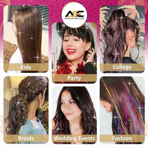 Andou | 14 Colors | Up To 6800 Strands | Heat Resistant Hair Tinsel Kit For Girls, Women & Kids | 48 Inch | One Wooden Threader & Crochet | One Plier | Two Hair Clips | Two Hundred Beads